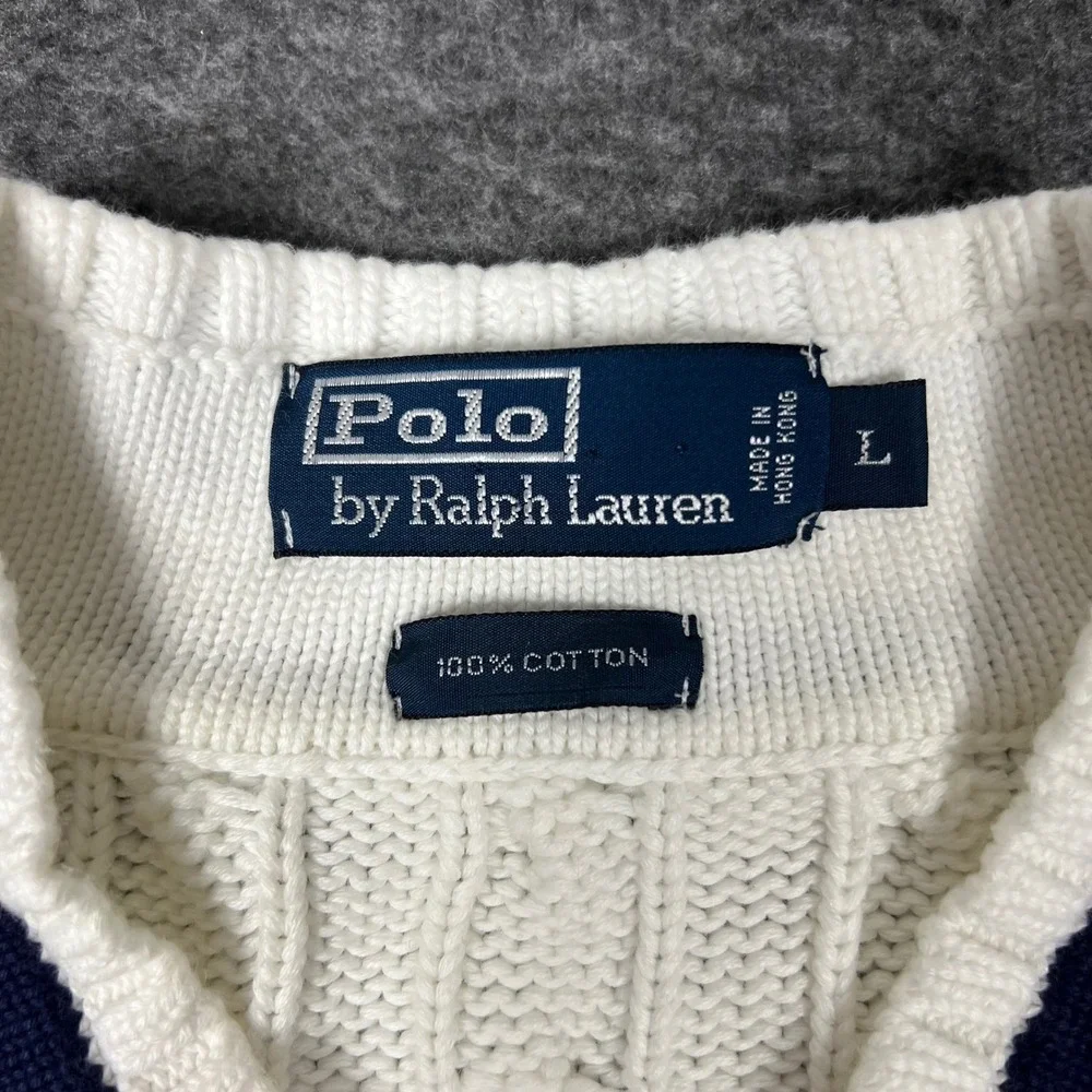 Vintage Polo Ralph Lauren Cable Knit Sweater Men's L White V-Neck Cricket Preppy